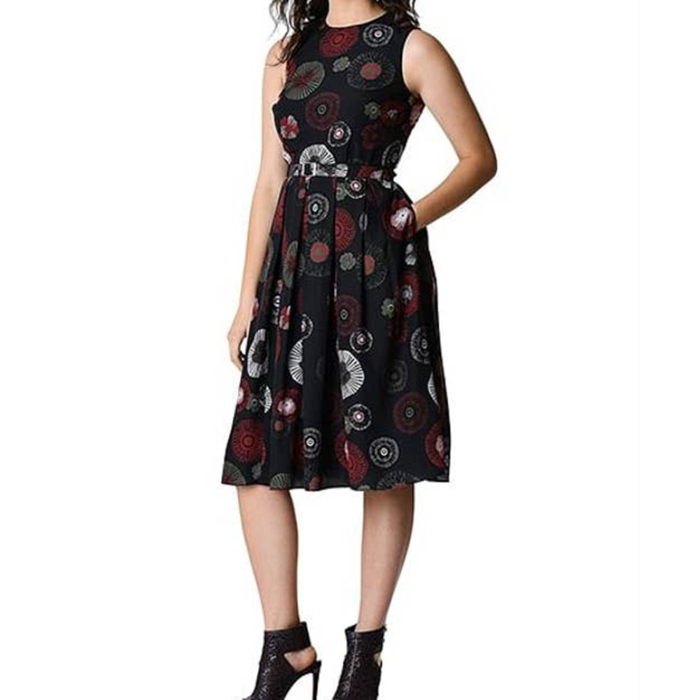 eShakti Graphic Floral Print Crepe Dress Sleeveless Fit & Flare Size Small or 4